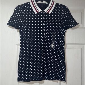 Tommy Hilfiger Navy and White Polka Dot Polo Shirt NWT
